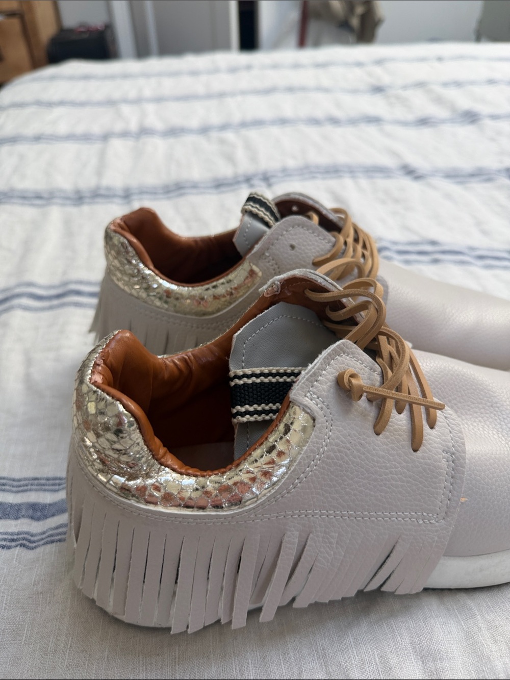 ShuShop White Leather Fringe Sneaker with Gold Metallic Heel